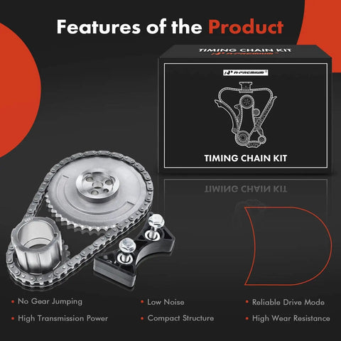 Beefed-Up Engine Timing Chain Kit With Damper And Sprocket display with box and features for OHV V8 4.8L 5.3L 6.0L engines