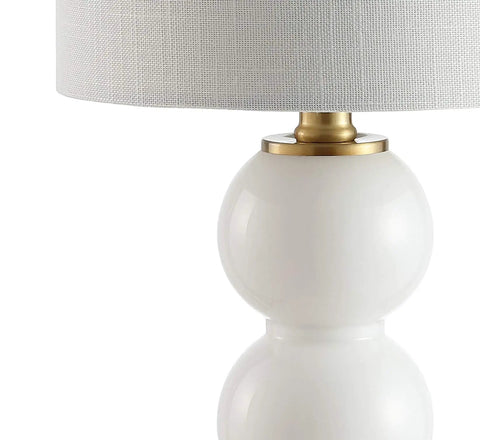 21 Inch White And Brass Glass Table Lamp With Linen Shade Modern Stacked Sphere Bedside Lamp For Bedroom And Living Room LED Bulb Included ETL Listed 120 Volt, showcasing the white stacked sphere base and linen shade.