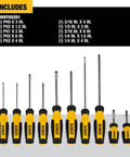 Fixed Bar Screwdriver Set 10 Piece With Magnetic Tip for Quick Fastener Fit displayed with sizes and ergonomic handles.