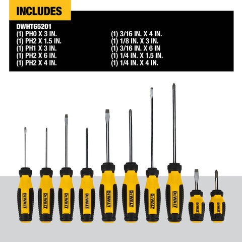 Fixed Bar Screwdriver Set 10 Piece With Magnetic Tip for Quick Fastener Fit displayed with sizes and ergonomic handles.