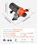 Heavy Duty 120V AC Diaphragm Water Pump delivers a smooth 4 GPM flow, showcasing dimensions and inlet details.