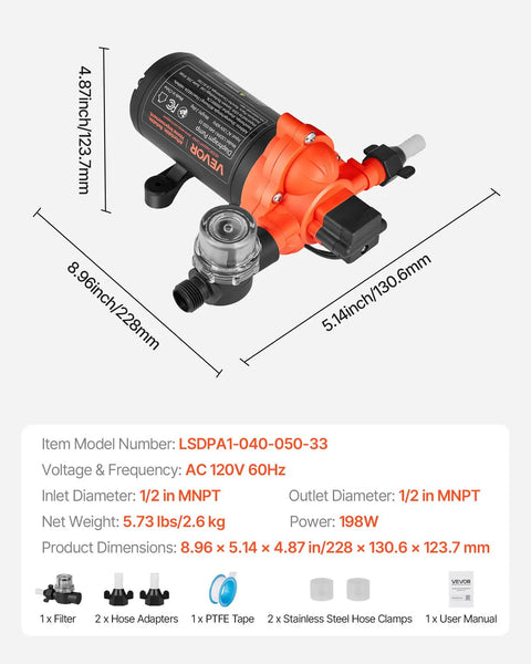 Heavy Duty 120V AC Diaphragm Water Pump delivers a smooth 4 GPM flow, showcasing dimensions and inlet details.