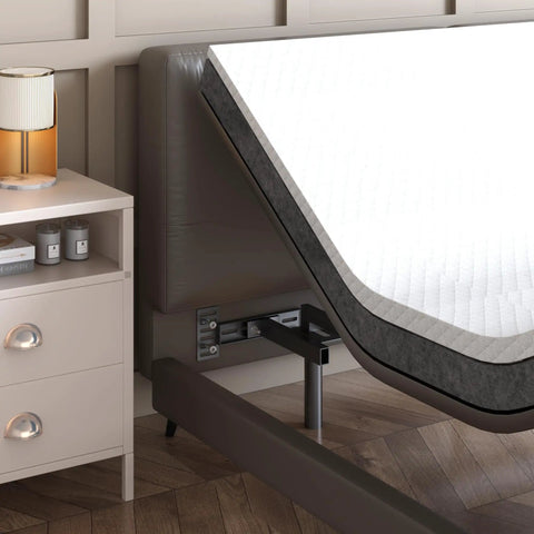 Heavy Duty Headboard Brackets For Metal Bed Frame Adjustable Mounting Hardware With Footboard Extension Kit Universal Fit Twin Full Queen King Matte Black shown with a tilted mattress.