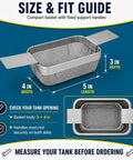 Hella Durable Stainless Steel Fine Mesh Ultrasonic Cleaner Basket, 5X4X3 Inch with support handles and size guide.