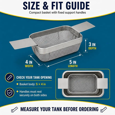 Hella Durable Stainless Steel Fine Mesh Ultrasonic Cleaner Basket, 5X4X3 Inch with support handles and size guide.