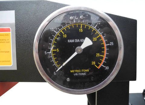 Precision pressure gauge of 20 Ton Air Powered Hydraulic Shop Press, measuring up to 30 metric-tons for auto repair.