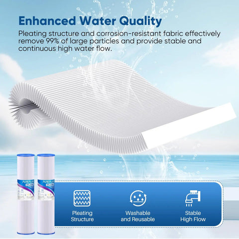 20 Inch By 4.5 Inch Heavy Duty Whole House Pleated Sediment Filter For Well Water Replacement Cartridge 2 Pack on water background