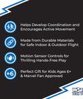 Marvel Spider Man Big Head Helicopter Toy With Motion Sensing Flight For Kids 6 Plus, feature highlights and benefits graphic