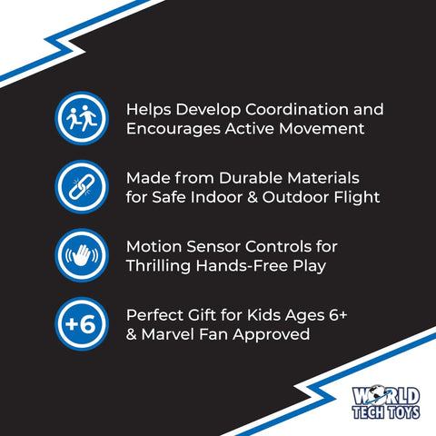 Marvel Spider Man Big Head Helicopter Toy With Motion Sensing Flight For Kids 6 Plus, feature highlights and benefits graphic