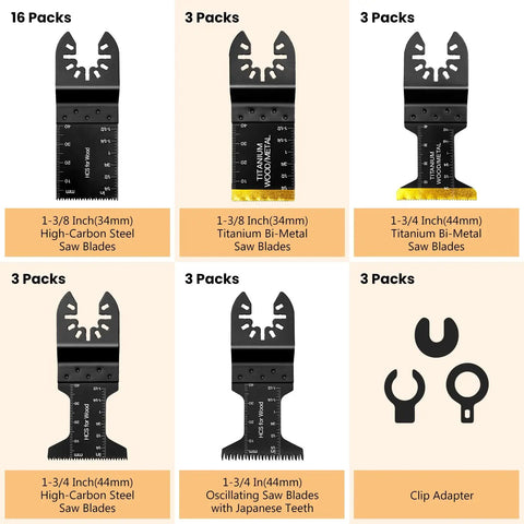 Titanium Coated 31 Piece Oscillating Tool Blades Set For Metal Wood Plastic With Quick Release Attachment Display