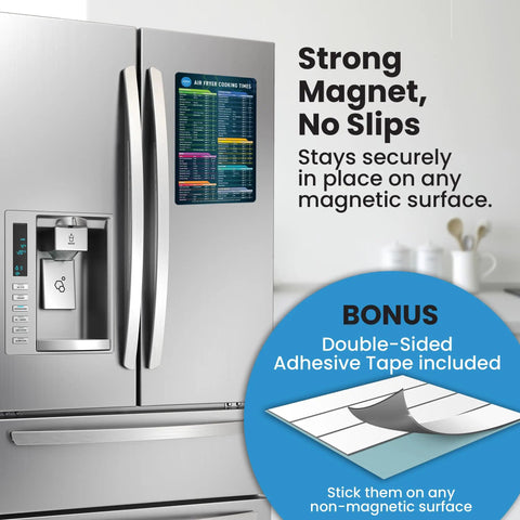 Air Fryer Cheat Sheet Magnet Set For Quick Times And Temperatures A Magnetic Guide For 100 Plus Foods on stainless steel fridge