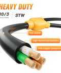 Heavy duty 10/3 STW wire with PVC jacket and 100% copper conductor, showcasing its insulation for durability.