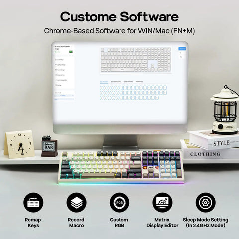 Full Size Wireless Mechanical Gaming Keyboard With Dot Display And Massive 10000 Mah Battery RGB Backlit silent switches in use with software.