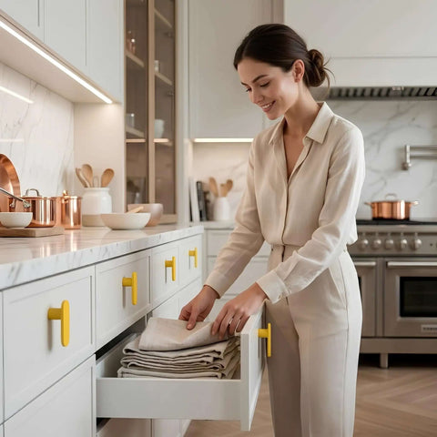 Mid Century Modern L Bar Cabinet Knobs Solid Milled Aluminum Sunflower Yellow Matte Drawer Pulls For Kitchen And Bathroom Cabinetry Built Like A Tank For Daily Use in a modern kitchen setting.