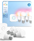 Smart Lighting Starter Kit With Bridge And Four Color Ambiance E26 Bulbs, 2200K To 6500K, packaging and displayed bulbs