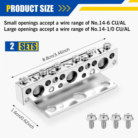 Ground Bar Kit With 11 Terminal Ground Bus Bar No 14-6 Small And 14-1/0 Large Opening 2 Pack shown with bolts