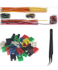 All In One PCB Prototyping Kit with jumper wires, header connectors, and tweezers for Arduino projects and DIY electronics.