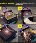 Heavy Duty Wet Dry Bench Sander 350W With 7 Speed Settings And Belt Sharpener For Wood Stone Plastic Acrylic Polishing No Dust Tool Kit demonstrating various knives grinding.