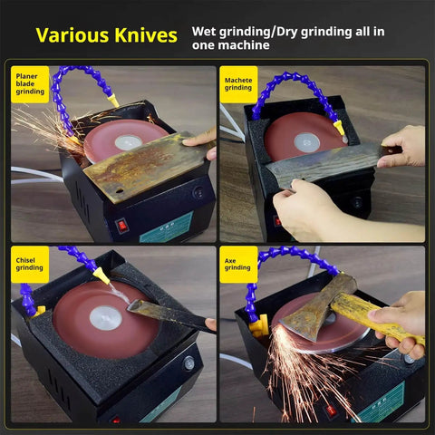 Heavy Duty Wet Dry Bench Sander 350W With 7 Speed Settings And Belt Sharpener For Wood Stone Plastic Acrylic Polishing No Dust Tool Kit demonstrating various knives grinding.