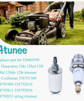 Fuel Line And Air Filter Kit For Husqvarna 128 Series Trimmers with primer bulb and spark plug visible on lawn