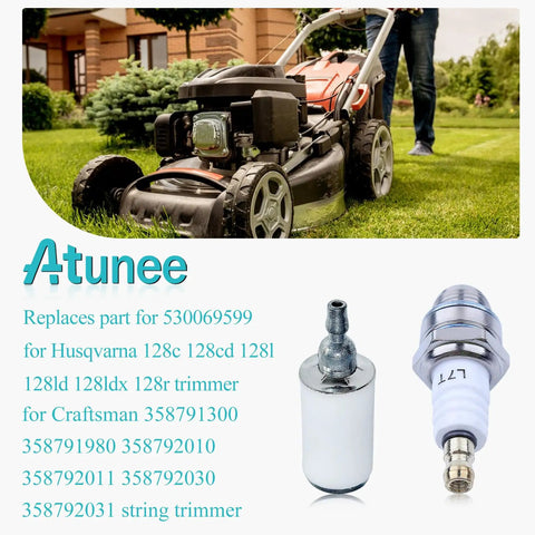 Fuel Line And Air Filter Kit For Husqvarna 128 Series Trimmers with primer bulb and spark plug visible on lawn