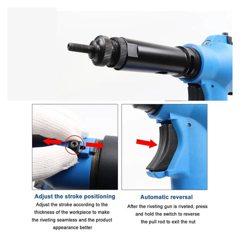 Heavy Duty Pneumatic Rivet Nut Gun Badass Air Tool For Fastening Bolts Includes M3 Through M12 Threads, stroke adjustment feature.