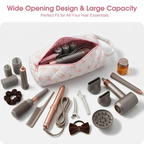 Pink Bow Pattern Hair Tools Organizer Bag For Curling Irons Flat Irons Hair Dryers And Styling Tools Portable Travel Case
