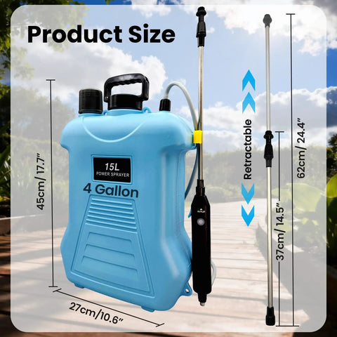 4 Gallon Electric Backpack Sprayer With Telescopic Wand And Four Nozzles for Lawn Care showing dimensions on a patio.