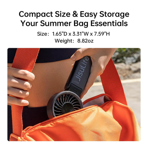 3 In 1 Handheld Fan With 5000mAh Battery stored in orange bag for travel, featuring compact design and black color.