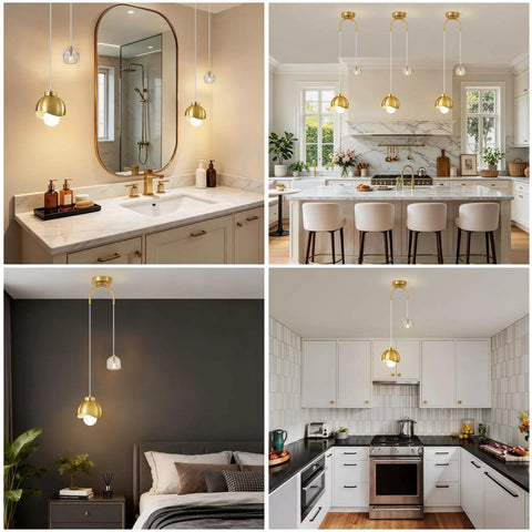 IPEDWO 2-Light Modern Gold Pendant Lights, Light Fixture for Kitchen Island in various settings including kitchen and bathroom.