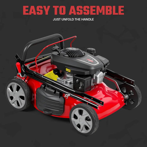 131cc Gas Lawn Mower That Is Self Propelled With Rear Wheel Drive 18 Inch Cutting Width 50L Grass Bag 3 In 1 Mulching Side Discharge Rear Bagging Lightweight Push Button Start Mower Built For Thick Slopes Red, red gas mower