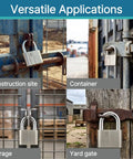 Keyed Alike Padlocks 4 Pack Workhorse Heavy Duty Stainless Steel Shackle Lock Waterproof and Rustproof Outdoor Grade securing various gates and containers.