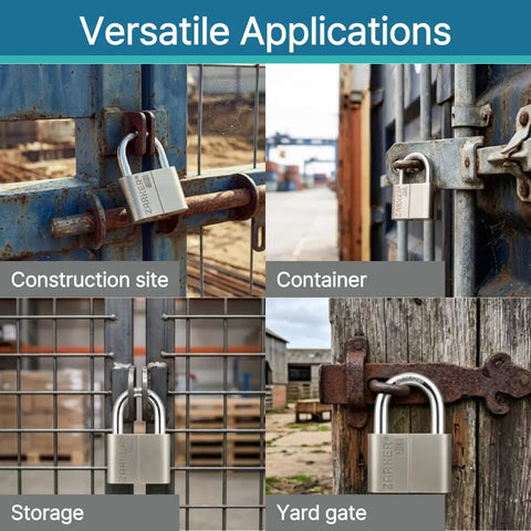 Keyed Alike Padlocks 4 Pack Workhorse Heavy Duty Stainless Steel Shackle Lock Waterproof and Rustproof Outdoor Grade securing various gates and containers.