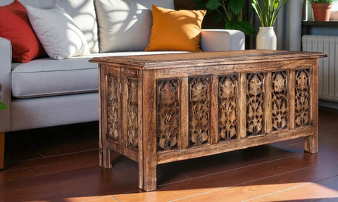 Solid Mango Wood Hand Carved Coffee Table 36x18 Inch With Vintage Burnt Finish, Modern Center Table For Living Room And Entryway, Ideal For Magazines Books And Plants, Durable Farmhouse Style