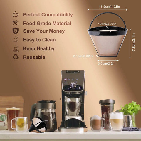 Reusable Cone Coffee Filters Size 04, 2 Pack Gold Tone Permanent Filter Basket next to coffee maker setup