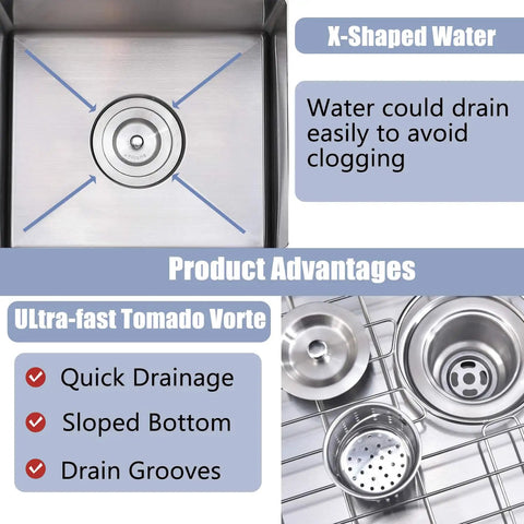 X-shaped water grooves and drain details in 15x15 Inch Bar Sink Drop In Topmount Stainless Steel Square Single Bowl Kitchen Sink