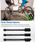 Three cyclists using Wahoo KICKR SNAP with 12x142 thru axle adapter, highlighted thread options; adapter constructed from aluminum alloy
