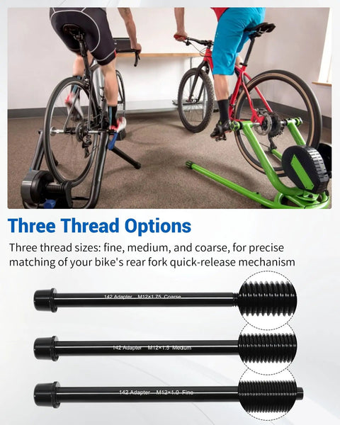 Three cyclists using Wahoo KICKR SNAP with 12x142 thru axle adapter, highlighted thread options; adapter constructed from aluminum alloy