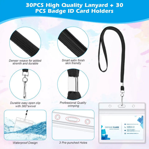 Clear Plastic Horizontal Name Tag Card Holders 30 Pack Paired With 30 Black Flat Neck Lanyards With Swivel Hook shown with features