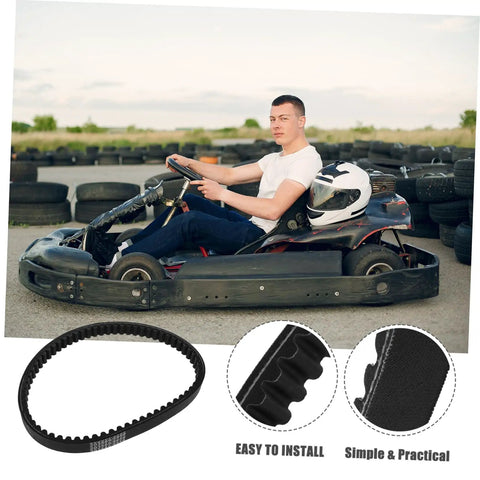 Driver in go-kart with displayed Go Kart Drive Belt Clutch Replacement For KT196 5959 on pavement.
