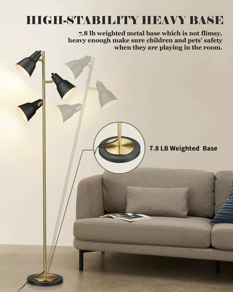 Dope Gold Tree Floor Lamp With Three Adjustable Rotating Lights, Industrial Tall Pole Metal Standing Lamp With 7.8 LB Base