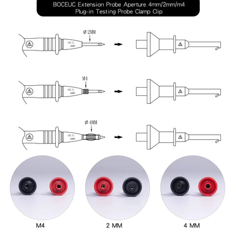 Diagram of BOCEUC extension probe with 2mm, M4, 4mm plug-in testing probe clamp clip set for multimeter probes.