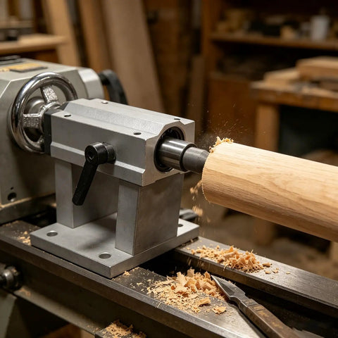 Precision Cnc Rotary Axis Tailstock With Adjustable Moving Center For Wood Routing Fast Fifty Millimeter Stroke clamps wood stock securely.