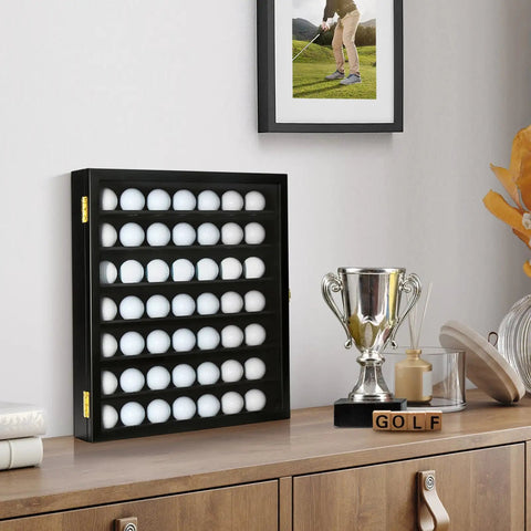 Golf Ball Display Case For 49 Balls Wall Mount Shadow Box With Locks, acrylic front on wooden sideboard next to trophy.