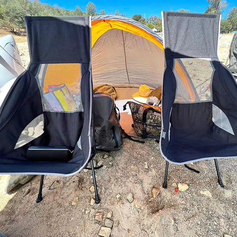 Chillin Chair Ultra Lightweight Foldable Portable Outdoor Seat For Tailgating Camping Backyard Barbecues And More next to tent