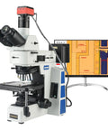 Bright And Dark Field Electron Metallographic Microscope With 4K HD Imaging Depth Fusion And Pro Grade Measurement Support HDMI LAN USB 3.0 Outputs Dual USB Ports For Mouse And PC Connectivity. With monitor and camera.