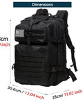 All Day Ready 45L Nylon Waterproof Tactical Backpack For Fishing, Hunting, Hiking, Camping And Outdoor Adventures, Heavy Duty Military Style Rucksack with dimensions labeled