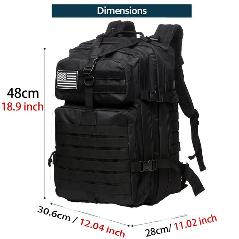 All Day Ready 45L Nylon Waterproof Tactical Backpack For Fishing, Hunting, Hiking, Camping And Outdoor Adventures, Heavy Duty Military Style Rucksack with dimensions labeled