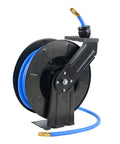 Retractable Air Hose Reel With Three Eighths Inch By Fifty Foot Hybrid Hose, Heavy Duty Steel Build, Auto Rewind, Pro Grade Rubber Hose