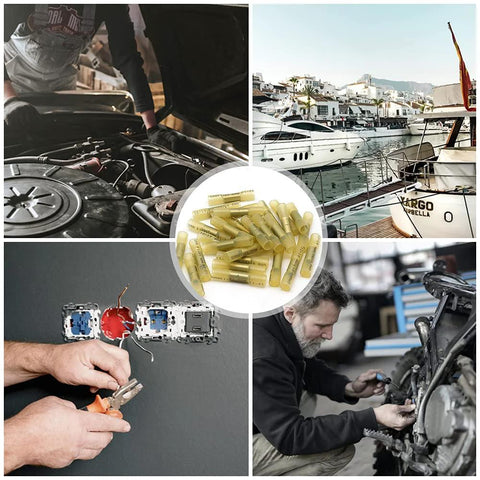 Heat shrink butt connectors, yellow insulated, 12–10 AWG, waterproof crimp terminals for marine wiring (Amazon)